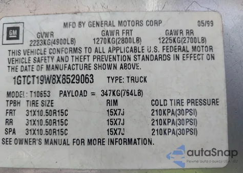 1999 GMC Sonoma Sls z USA, uszkodzony, nr VIN 1GTCT19W8X8529063